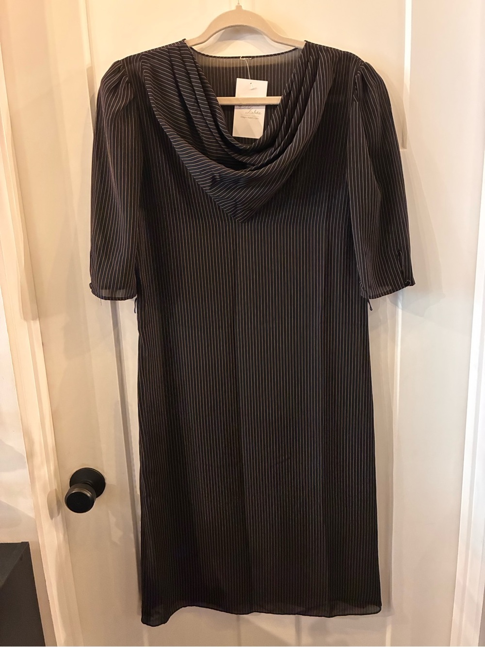 Women's Black Pinstripe Drape Neck Dress